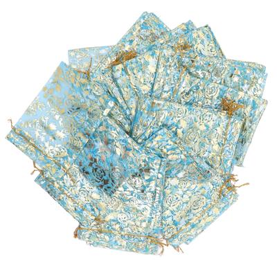 200 Pcs Organza Bag Drawstring Closure Rose Print 6.3x4.3in Mesh Gifts Bags Organza Jewelry Mesh Pouch Blue