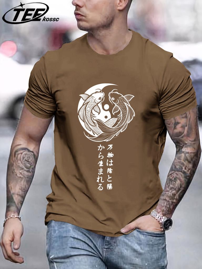 Japanese Harajuku Koi Art Letter Print Mens TShirt Loose Casual T Shirt AllMatch Cotton Streetwear Male Fashion Soft Clothing