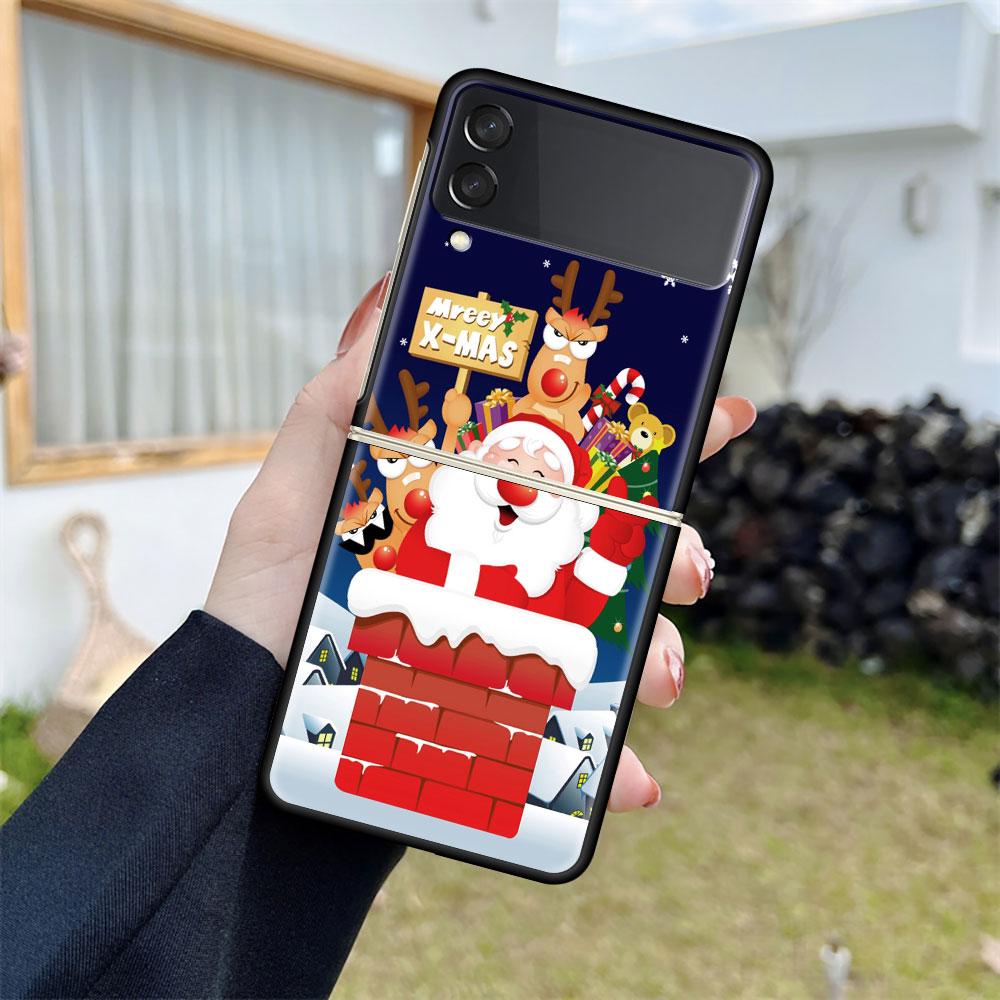 Luxury Case For Samsung Galaxy Z Flip 4 3 5G Black PC Hard Phone Cases Fashion Back Cover ZFlip Funda Merry Christmas Shell Capa