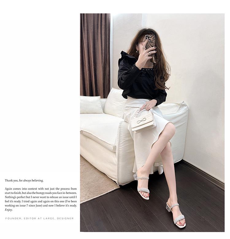 Sandale cu toc mediu și strasuri pentru femei, stil coreean - Papuci de modă Fairy 2024