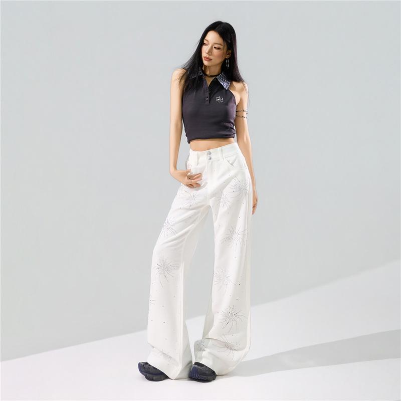 Fireworks Flash Rhinestone Anti-Wrinkle Four-Way Stretch Micro-Flare Casual Pants S