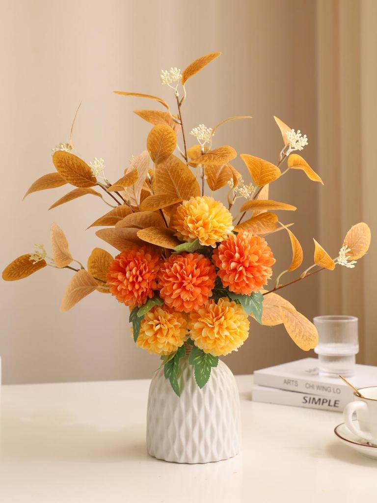 Eucalyptus Ball Chrysanthemum Bouquet in Ceramic Vase - Artificial Dried Flowers for Living Room or Dining Table Decor