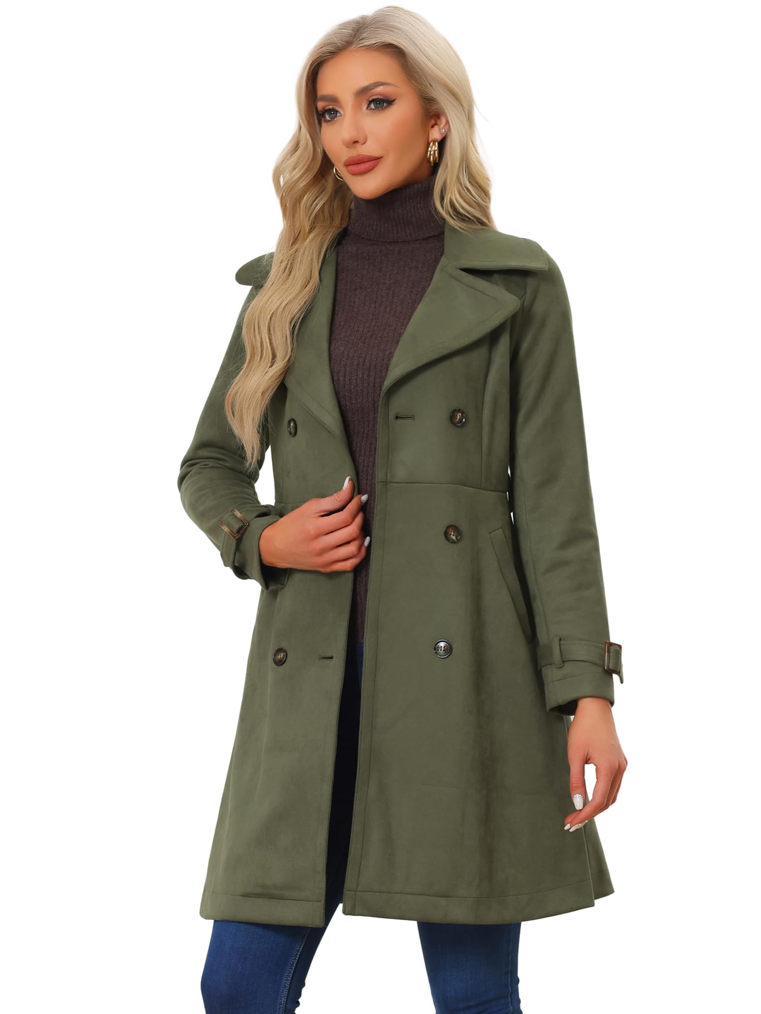 

Allegra K Women s Double-Breasted Faux Suede Trench Coat with Belt, Notch Lapel, Army Green, Size XL