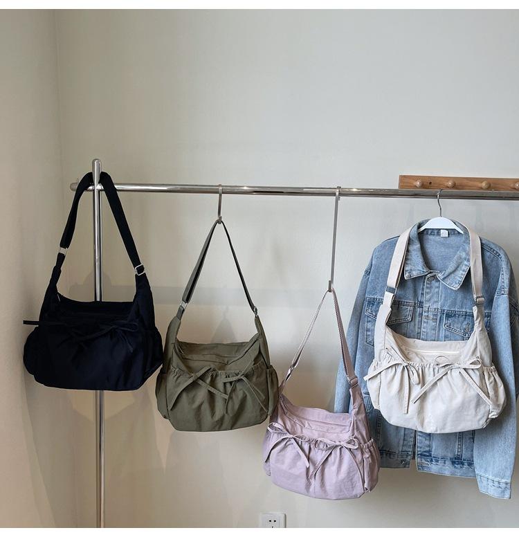 Solid Color Ruched Design Ladies Nyl Cloth Shoulder Bags Large Capacity Female Crossbody Bag Sweet Bow Strap Women's Handbags