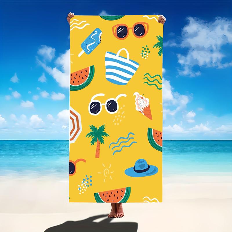 Yellow Summer Elements Collage Beach Towel Sunglasses Watermelon Ice Cream Print Quick Dry Microfiber Towel