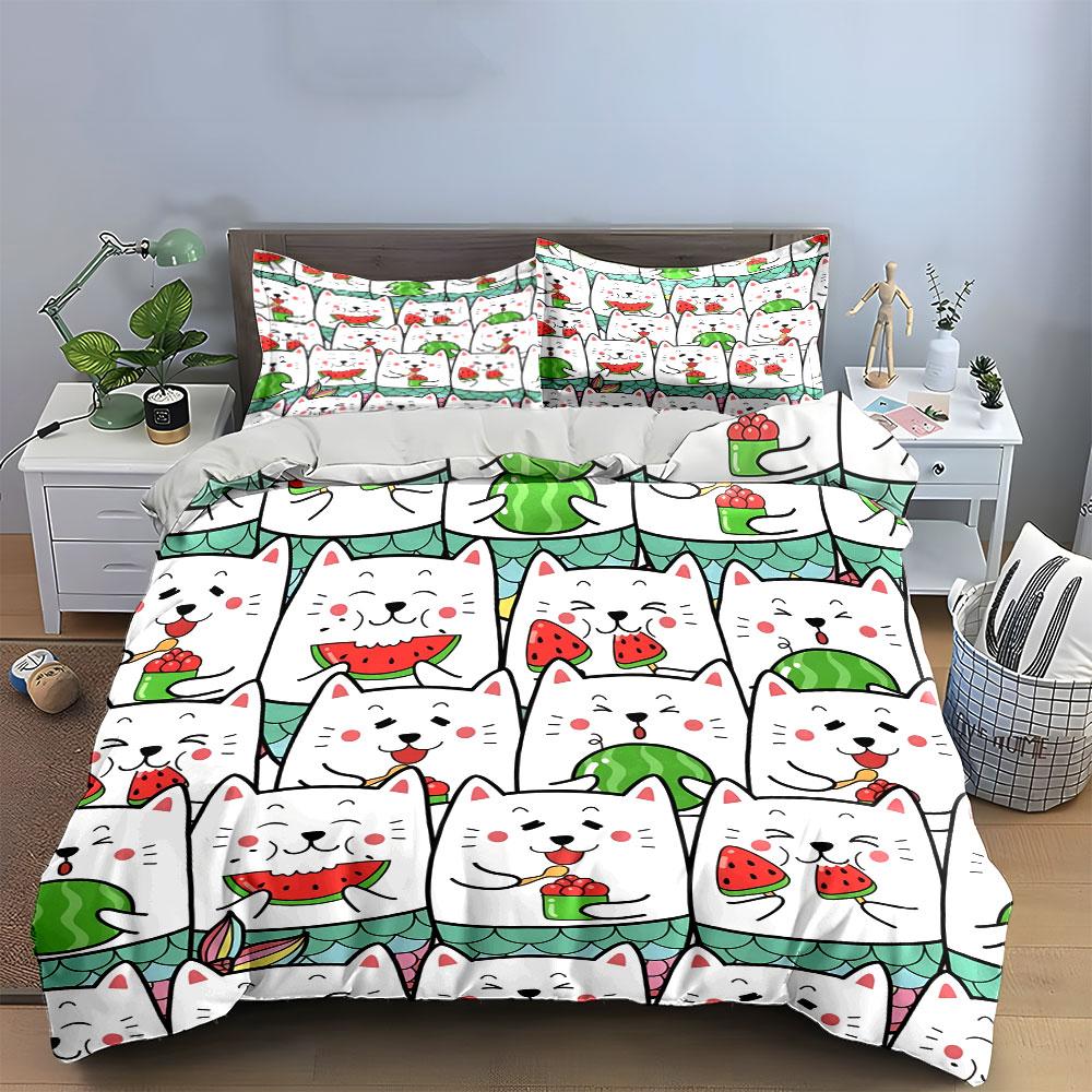 Cute Cat Watermelon Pattern Bedding Duvet Cover Set Duvet Cover Pillowcases (1*Duvet Cover 2*Pillowcases, without duvet insert)