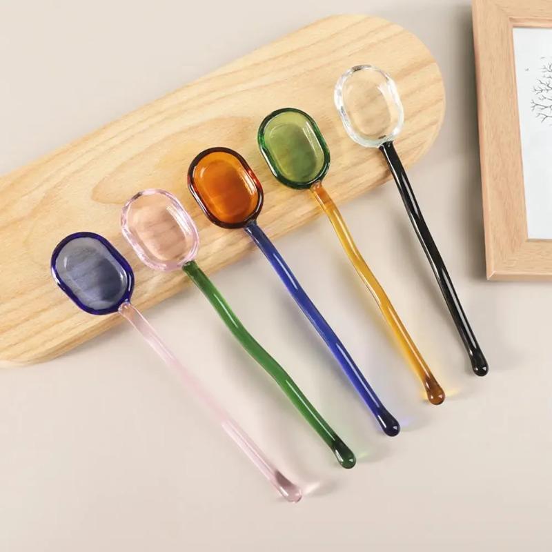 New Glass Dessert Spoon Solid Color High Temperature Resistant Spoon Creative Long Spiral Handle Juice Coffee Stirring Spoon