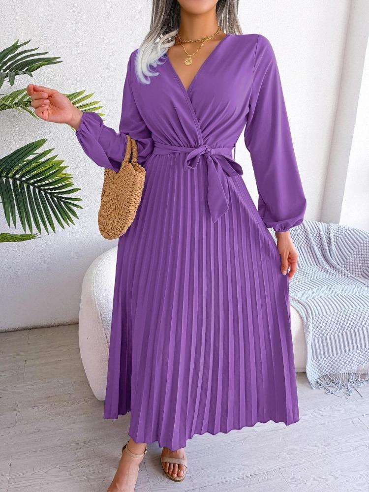 Elegantes Maxikleid mit V-Ausschnitt und langen Ärmeln, plissiert, für Damen
