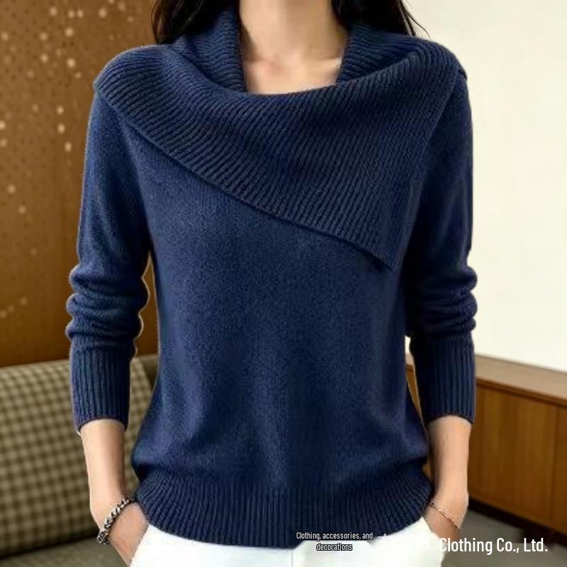 Asymmetrical Lapel Knit Sweater - Solid Color, Slim Fit, Versatile Long Sleeve Wool Sweater for Women
