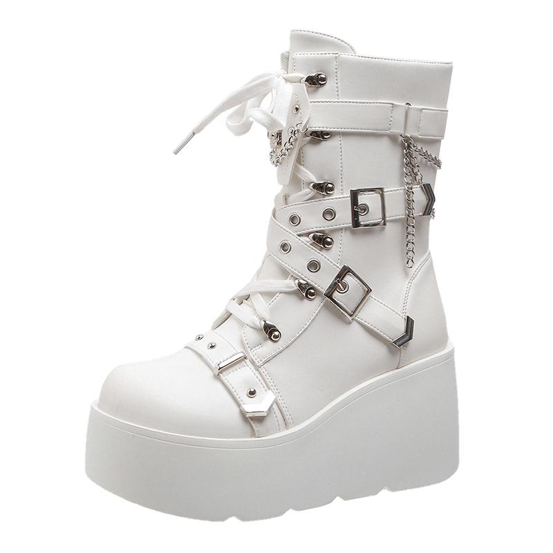 

2024 Горячая Распродажа Туфли для женщин Женские Ботинки с Перекрестными Шнурками Модные Боковые Молнии Плюс Размер Танкетка Новые Брендовые Ботинки До Середины Икры С Пряжкой на Ремне 42 белый