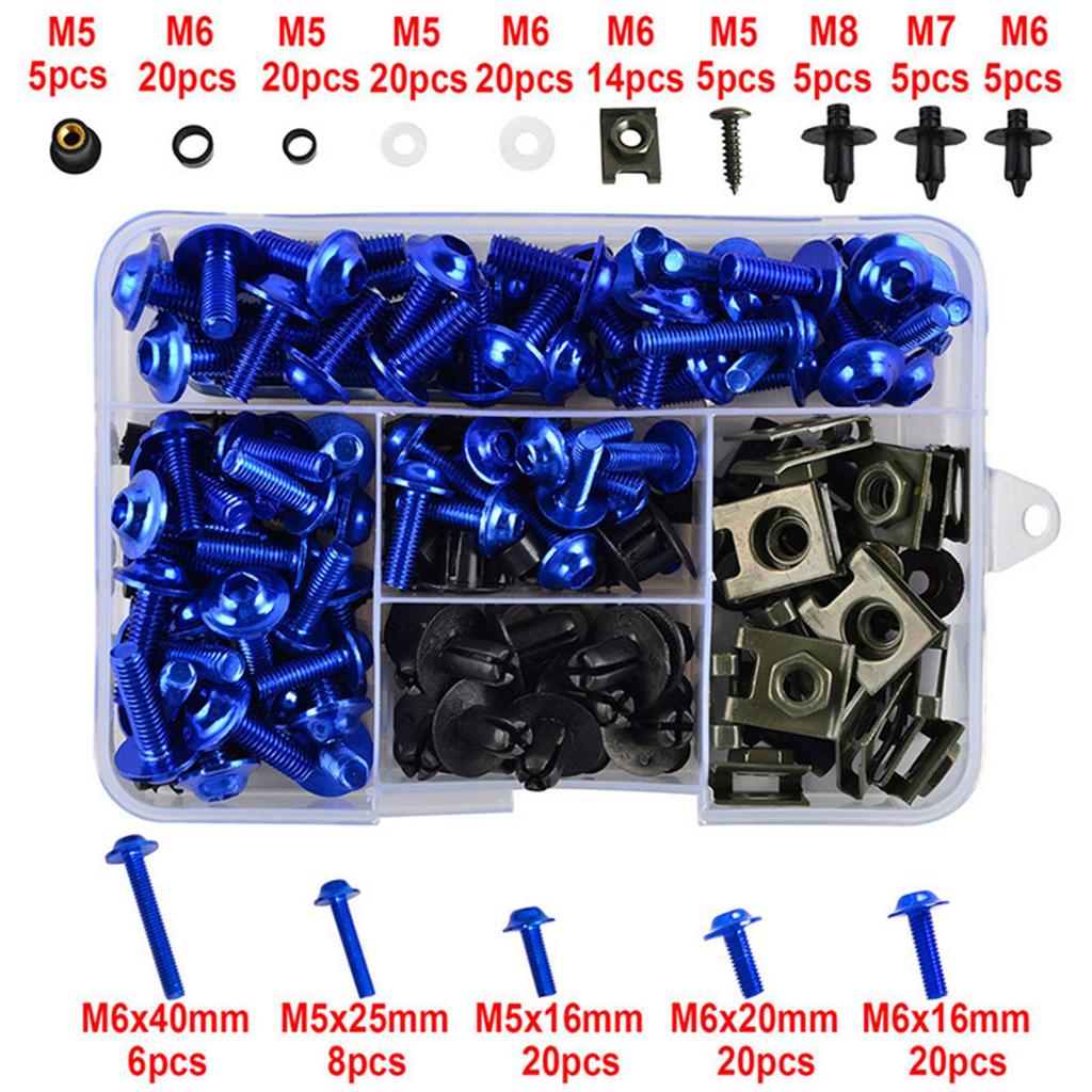 195PCS Motorcycle Fairing Bolt Screw Nut Kit Bodywork Screws Motorcycle Universal Kit Blue