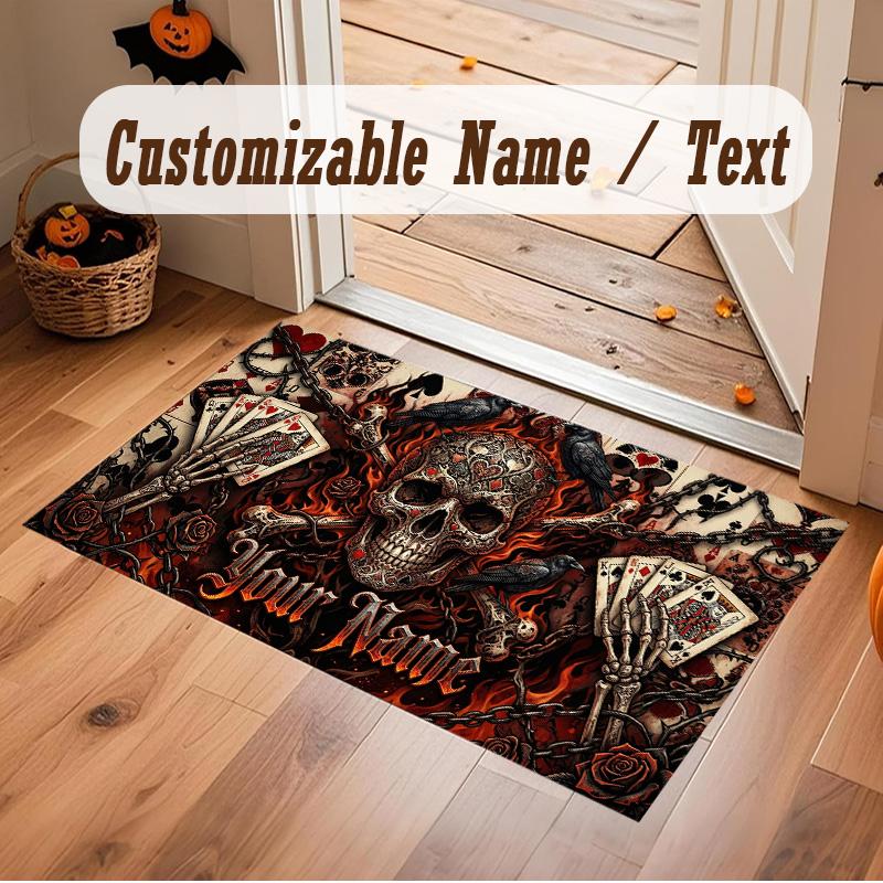 Tappeto Morbido in Velluto di Cristallo Tema Gotico Teschio Stampa Personalizzata Nome e Testo Tappeto Antiscivolo per Camera da Letto Soggiorno