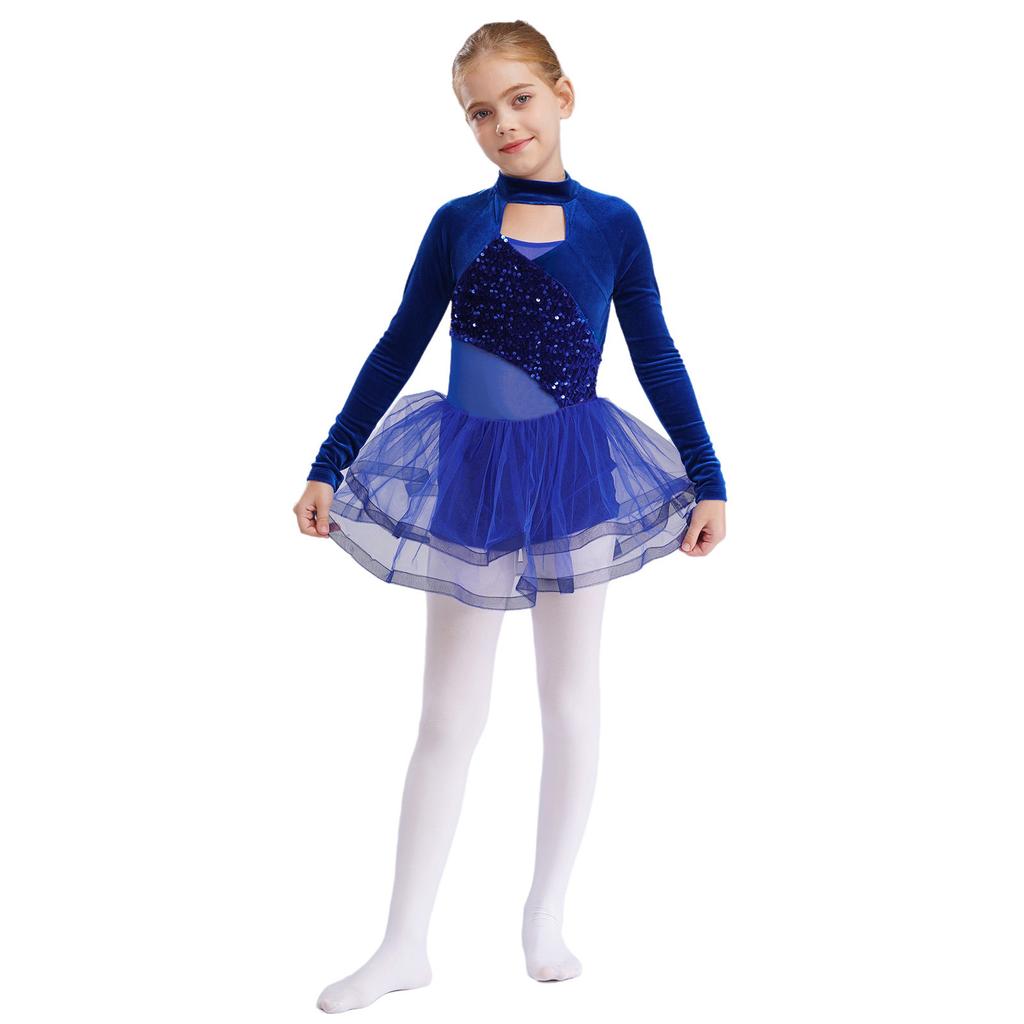 Girls Sparkling Sequins Dance Dress Mock Neck Long Sleeve with Velvet Patchwork Tutu Skirt for Performance 6-14