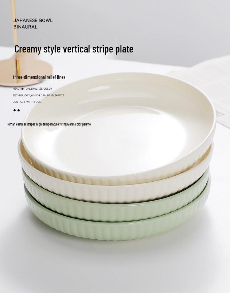 Milky White & Green Ceramic Deep Soup Plate, Microwaveable - Creative Round Tableware.