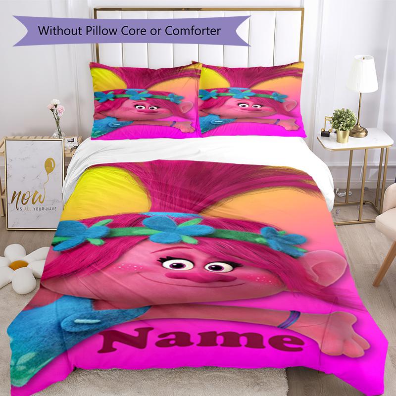 3pcs Custom Name Trolls Bedding Set Duvet Cover Closure Includes 1 Duvet Cover & 2 Pillowcases, Soft and Comfortable for All Seasons.
