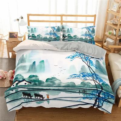 Ink Painting King Queen Duvet Cover Chinese Landscape Painting Bedding Set Adults Idyllic Scenery Mountain Polyester Quilt Cover