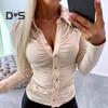 Elegant Women Solid Color Shirt Lapel Long Sleeve Office Tops Pleated Single Breasted Blouse Workwear