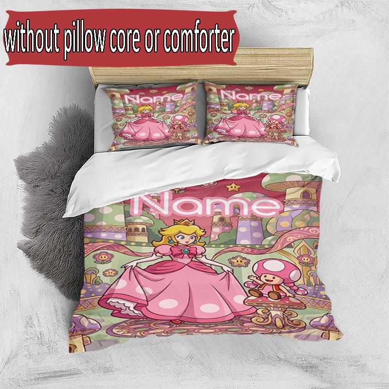 3pcs Duvet Cover Set (1*Duvet Cover + 2*Pillowcase, Without Core), Custom Name Princess Peach Toadstool Pattern Bedding Set, Home Bedroom Decor Gift