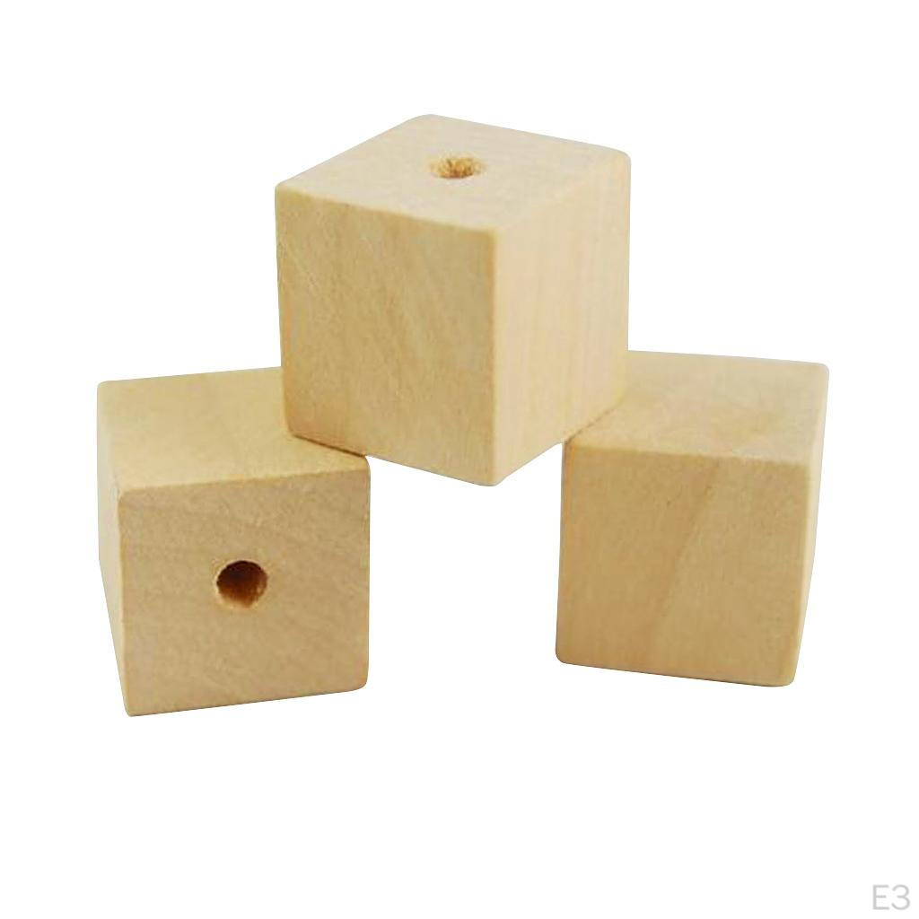 50 Cubes with Holes - Unfinished Solid Wood Beads for DIY Craft and Building Projects(2 Sizes To