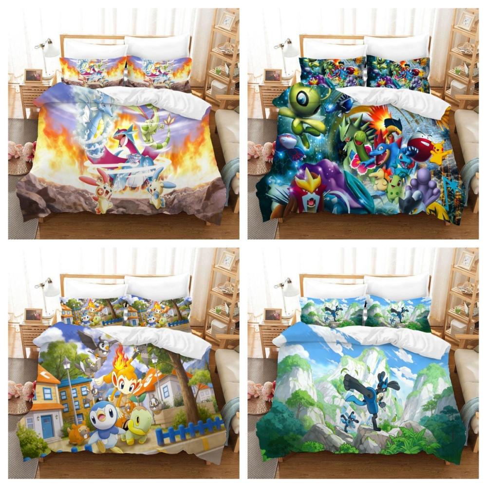 Pokemons Bedding Set Cartoon Anime Children Bedroom Quilt Cover Boy Girl Bedclothes Single Double King Pikachu Duvet Cover Gift