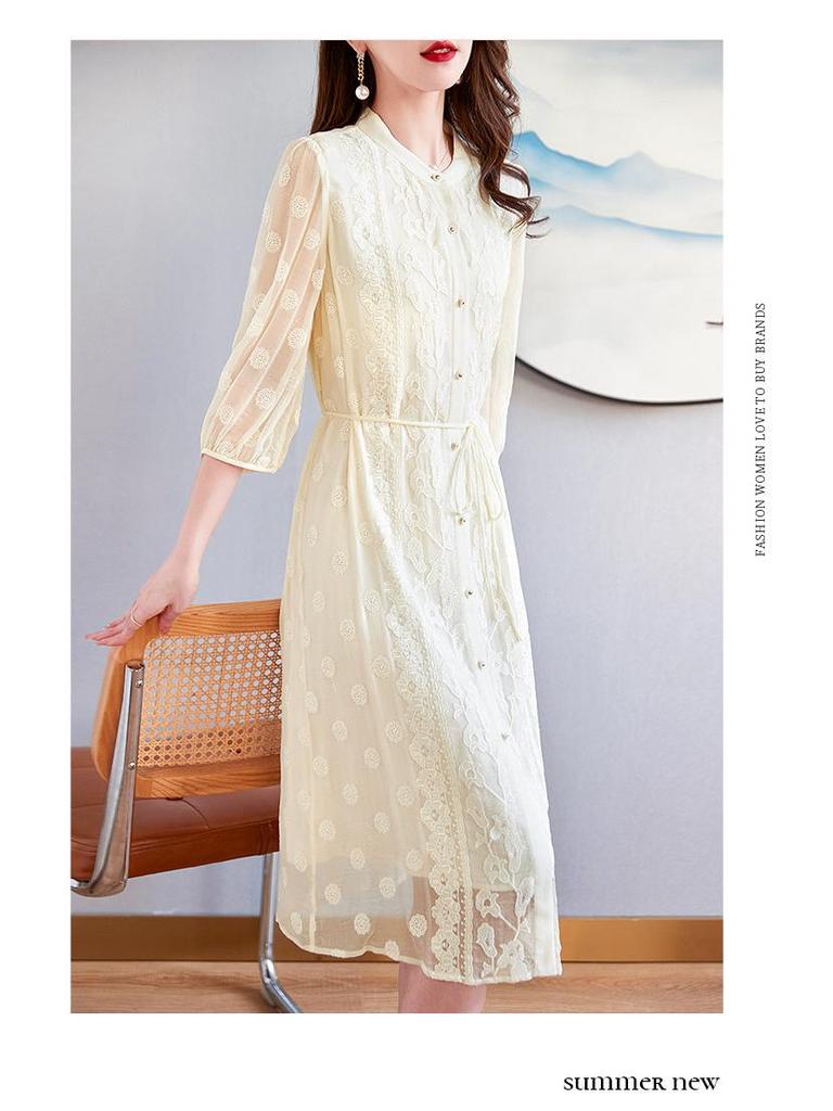 Women's Summer 2025 Slim Waist Embroidered Mulberry Silk Dress - Mid-Sleeve, Plus Size