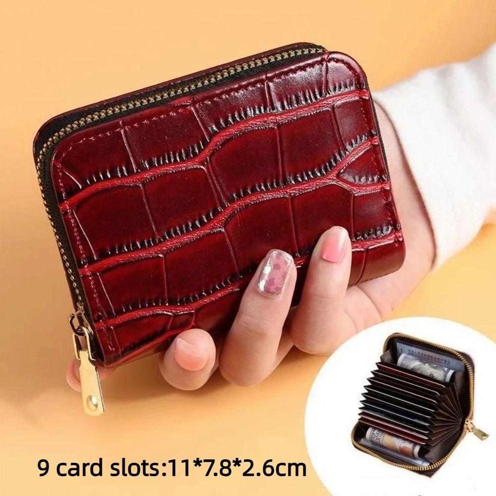 Vintage Mini Slim Card Holder with Zipper PU Zero Wallet Crocodile Pattern Multi Card Slots Thin Small Purse Driver License Case