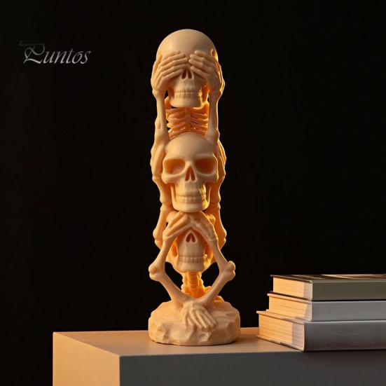 Unique Dark Aesthetic Decor Triple Stacked Skulls Figurine, Spooky See Hear Speak No Evil Skeleton Head Artistic Bone Texture Figurine Statue,