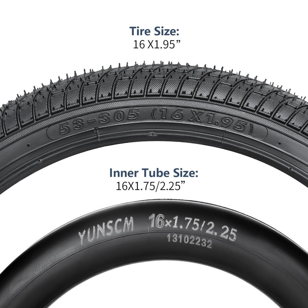 YunSCM Set of 2 16x1.95 Tires, 16x1.95 53-305 Bicycle Tires + 16x1.75/2.125 Tubes with 32mm Schrader Valves, for 16-inch 1.95 Mountain Bikes, Y-1199
