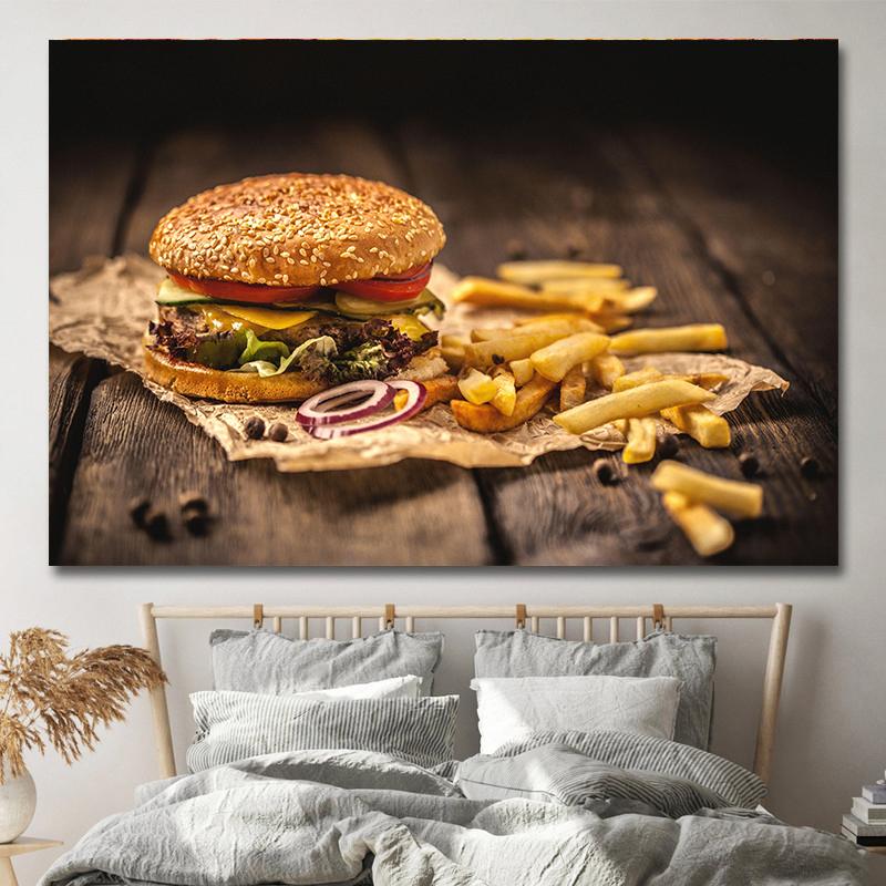 Amerikanischer Stil Fast-Food-Bilder, Leinwandgemälde, Hamburger, Pommes, Hot Dog, Poster und Drucke für Wohnzimmer, Küche, Wanddekoration