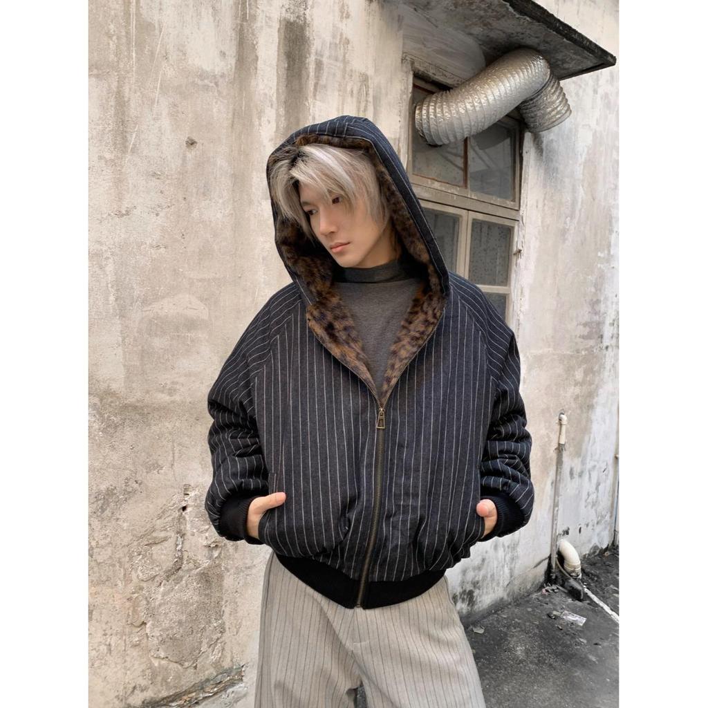 Black Leopard Print Retro Hooded Cotton Jacket with Vertical Stripes for Men & Women