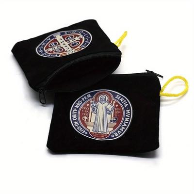 2pcs Saint Benedict Color Print Black Velet Zipper Rope Rosary Necklace Storage Bag