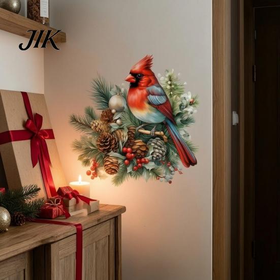 Festive Indoor Outdoor Glass Decals Christmas Bird Wall Sticker, Decorative PVC Decal with Pine Branch Cone And Red Berry, Waterproof Peel Sticker Art