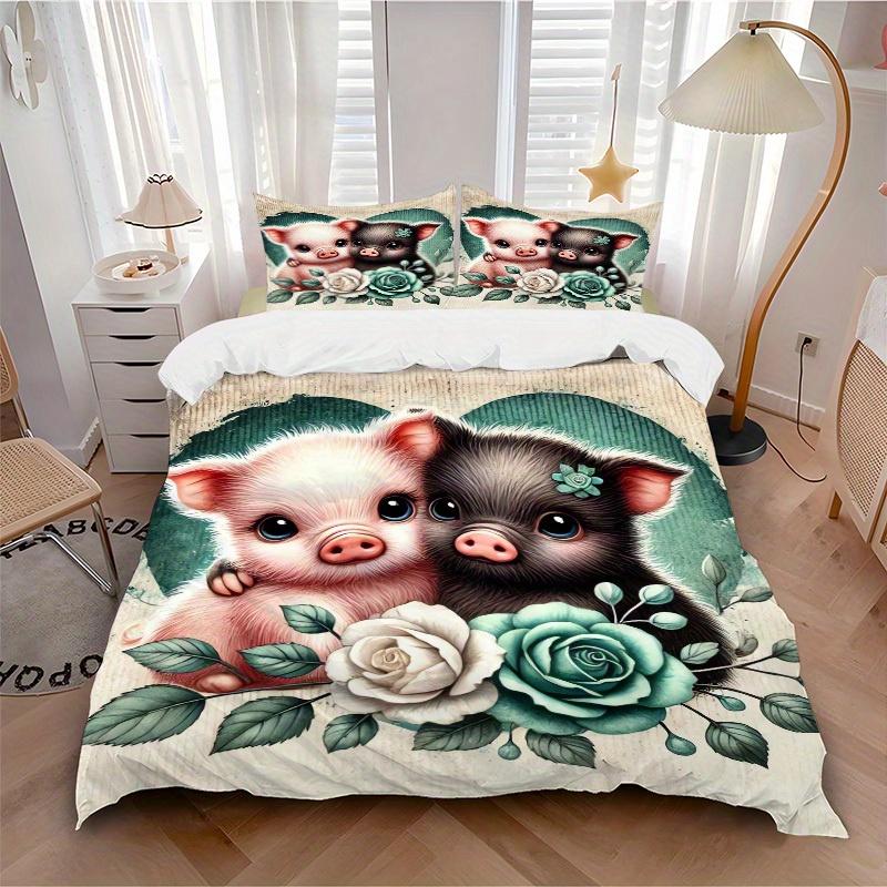 3pcs Piglet Roses Bedding Set Soft Polyester Down Comforter Cover and Pillowcases, Suitable for All Seasons, Practical gifts for the home 0729098