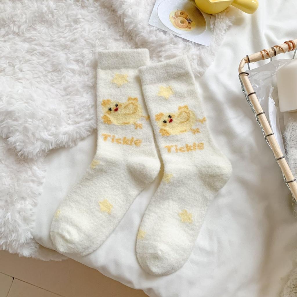 Autumn and Winter Thicken Warm Women Socks Cute Cartoon Chick Fleece Medium Tube Socks Japanese Kawaii Thermal Home Floor Socks