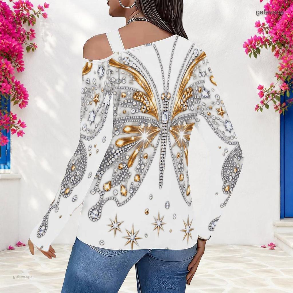 Women Plus Size Asymmetric Cutout Neck Cold Shoulder Long Sleeve Fitted Pastel Gradient Printed Top
