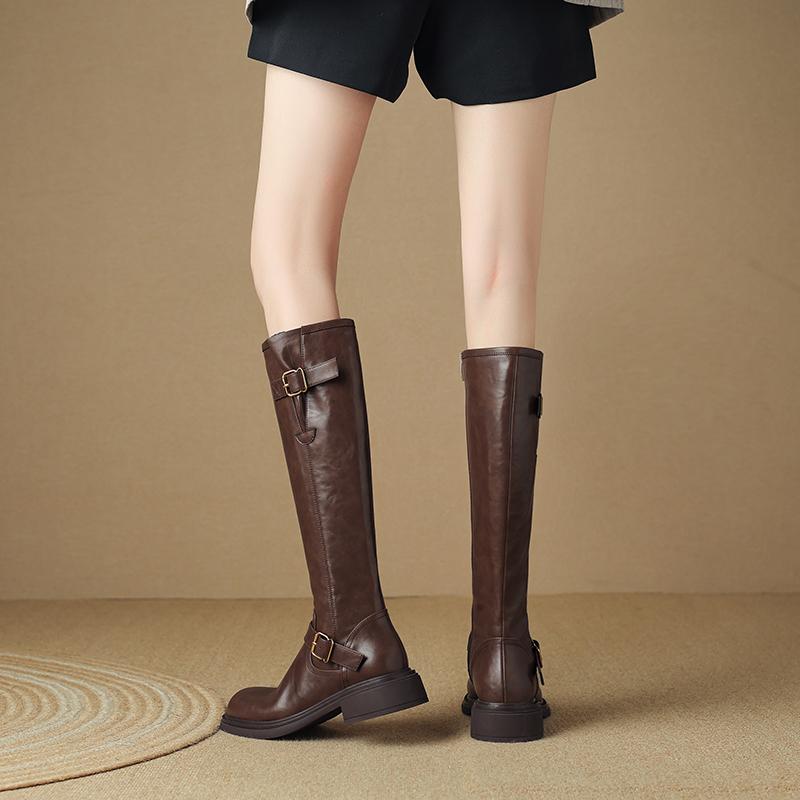 Modne Damskie Buty 2025 Modne Damskie Kozaki z Bocznym Zamkiem Nowa Klamra Paska Nowoczesne Kozaki Damskie Zimowe Okrągły Nosek Retro Kozaki do Kolana