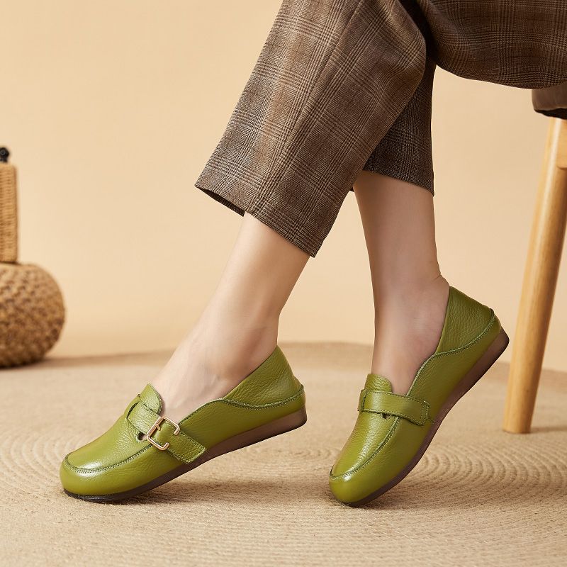 Cowhide Leather Yellow Loafers Woman Handmade Ballet Flats Ladies Mom White Driving Shoes Women Ethnic Inspired Green Moccasins