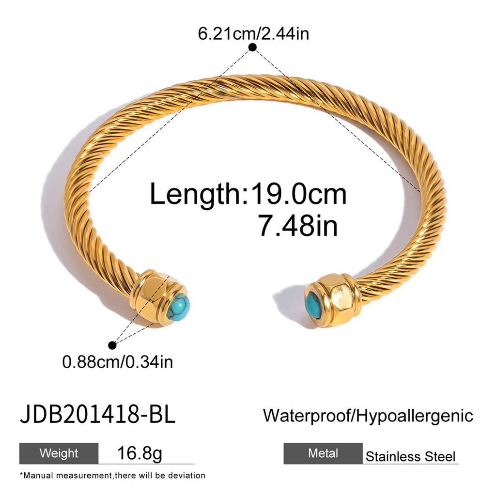 Uworld Simple Classic Gold Color Plated Stainless Steel Natural Stone Blue Turquoise Ribbed Bracelet Stackable Peacock Stone