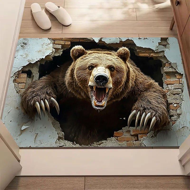 3D Bear Breaking Wall Rug - 2D Flat Printed Non-Slip Flannel Floor Mat for Bedroom & Living Room - Washable Animal Decor Mat 40x60cm