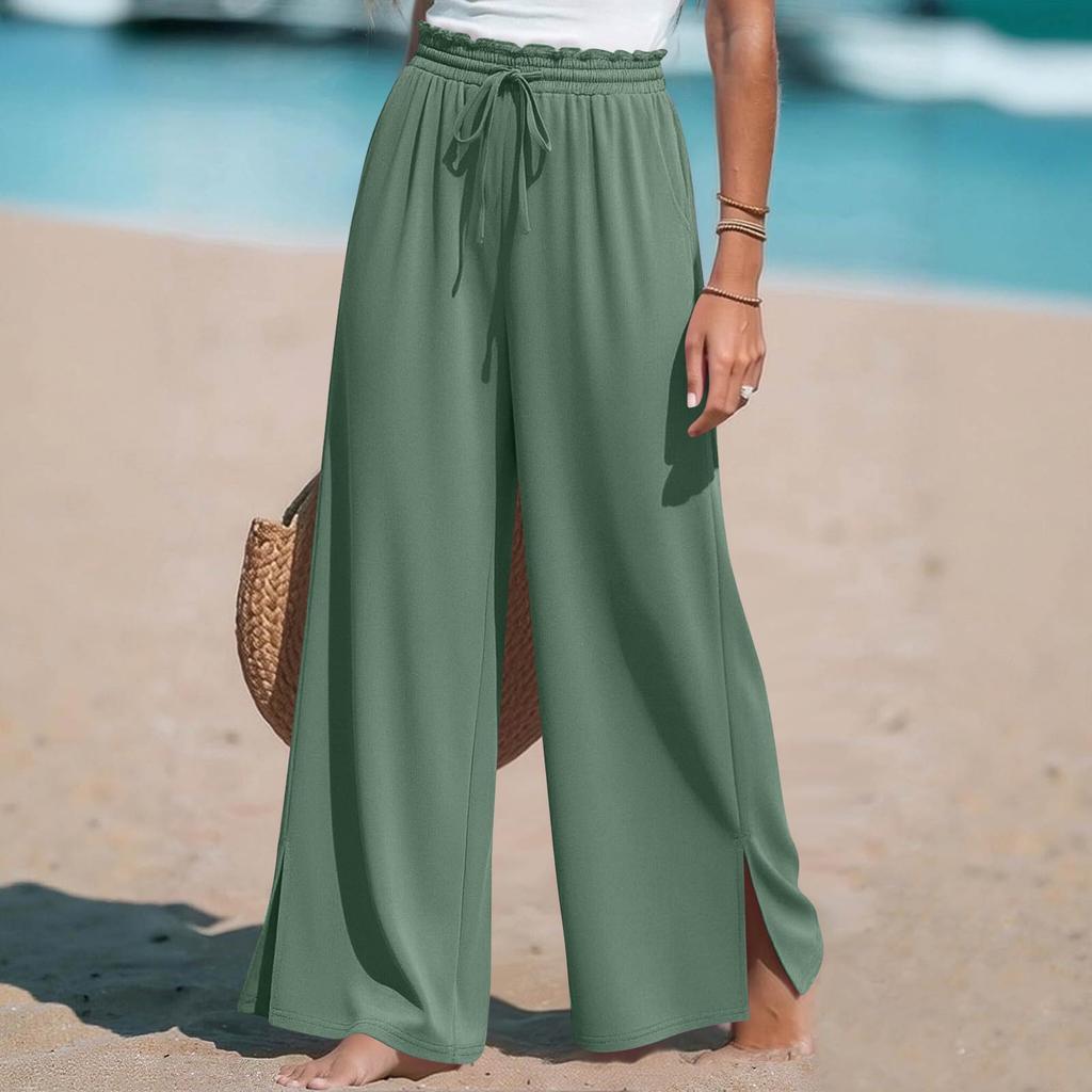 Women Wide Leg Split Pants Drawstring Waist Pockets Casual High Waist Pleated Beach Trousers Lightweight Loose Fit