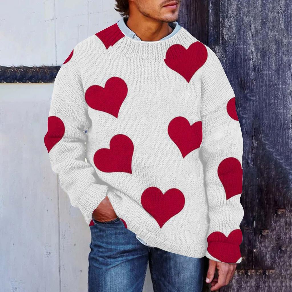 Men's Valentine's Day Print Faux Sweater, Crewneck Sweatshirt, Loose Long-sleeved Top