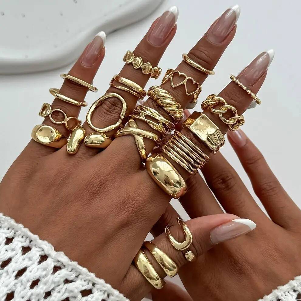 Salircon 20Pcs/Set Exaggerated Metal Irregular Lines Water Droplet Smooth Rings for Women Punk Knuckle Rings Couple Jewelry Gift