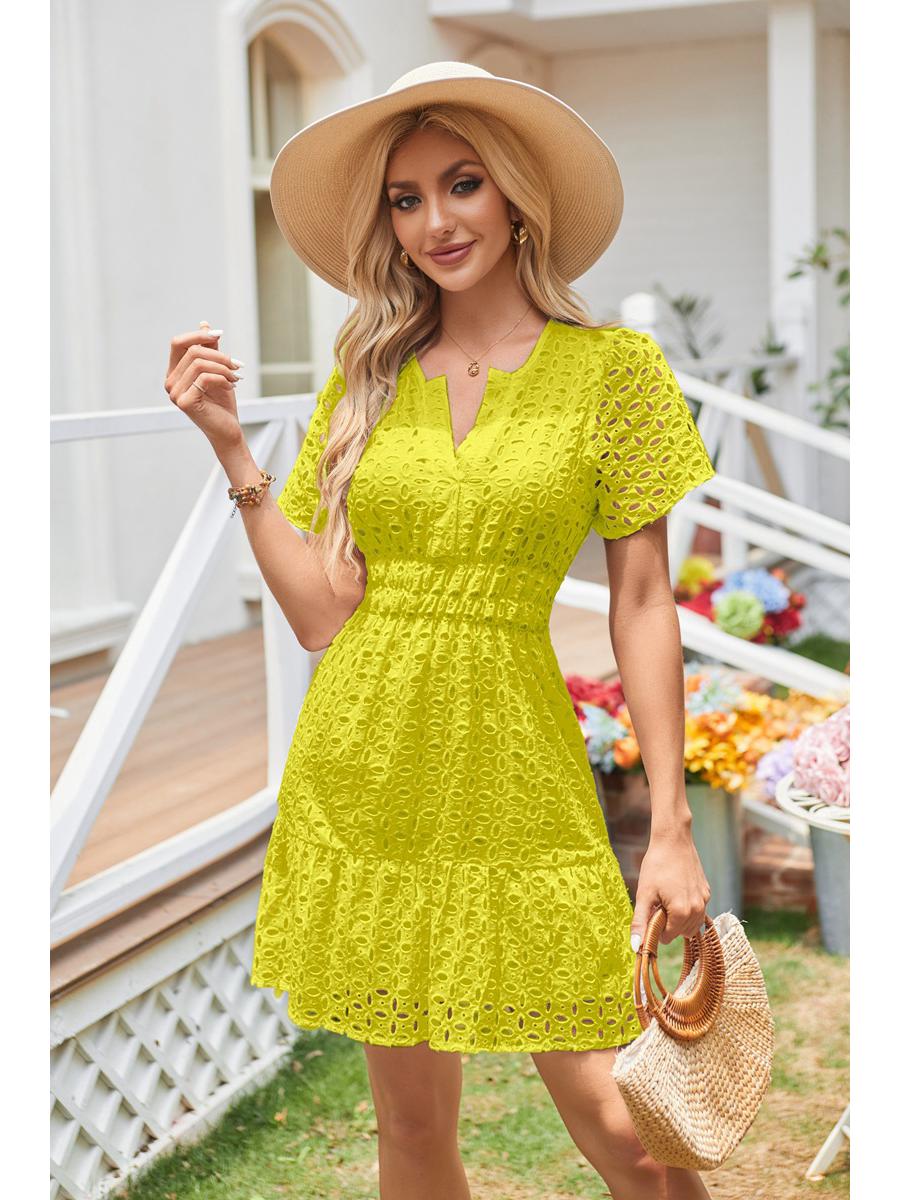 

2025 V-Neck A-Line Lace Ruffled Short Sleeve Dress for Women