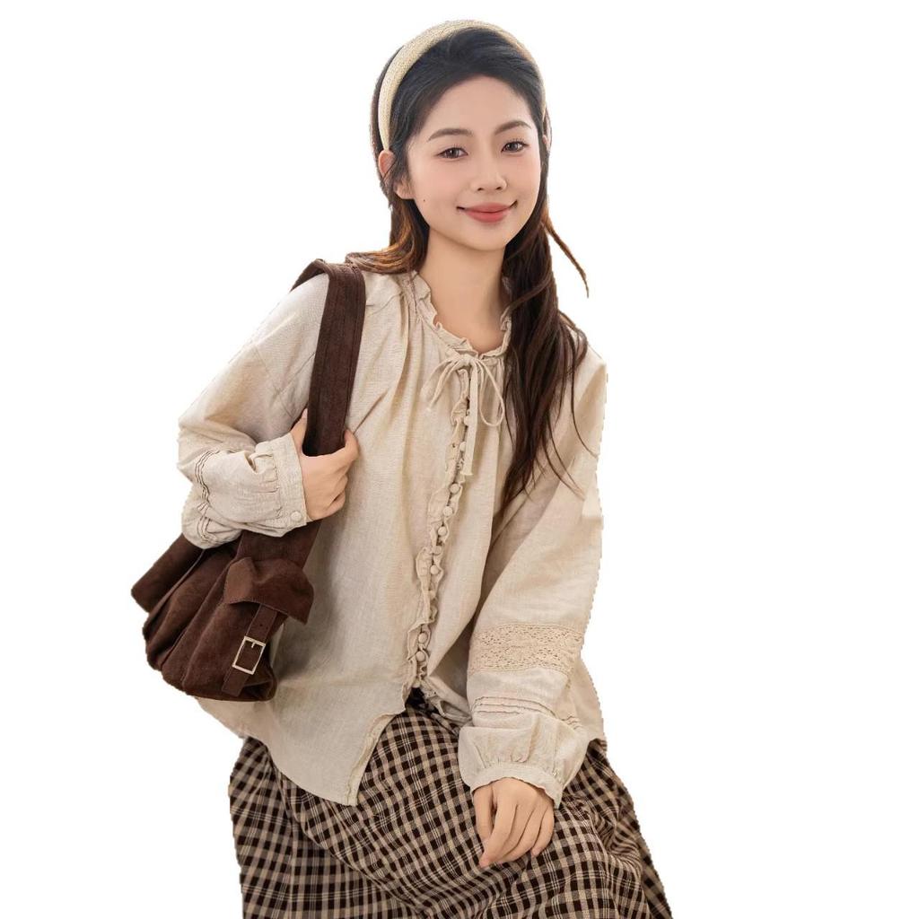 Forest Girl Lace Collar Puff Sleeve Cotton-Linen Cardigan