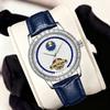 Men Skeleton Automatic Watch Moon Phase Diamond Bezel Blue Leather Stainless Steel Wristwatch