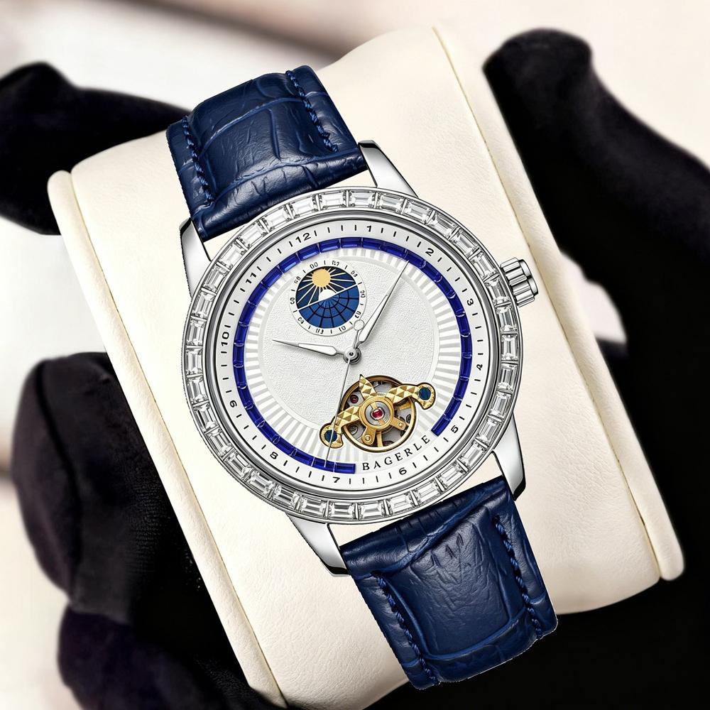 Men Skeleton Automatic Watch Moon Phase Diamond Bezel Blue Leather Stainless Steel Wristwatch