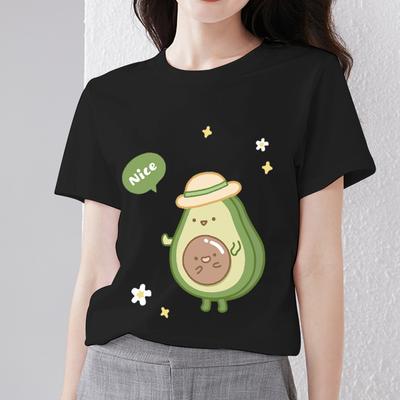 T-shirt Small Fresh Damski T-shirt Kreskówka Uroczy nadruk awokado Słodki Krótki rękaw Miękki, dopasowany krój O-neck Czarny Top odporny na zabrudzenia