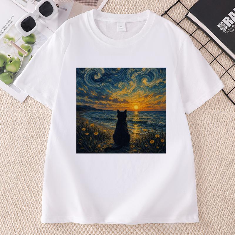 Summer Black Cat Graphic T Shirts Retro Ocean Sunset Cat Tee Van Gogh Cat Lovers Tshirt Unisex Unisex Causal Crewneck Tshirts
