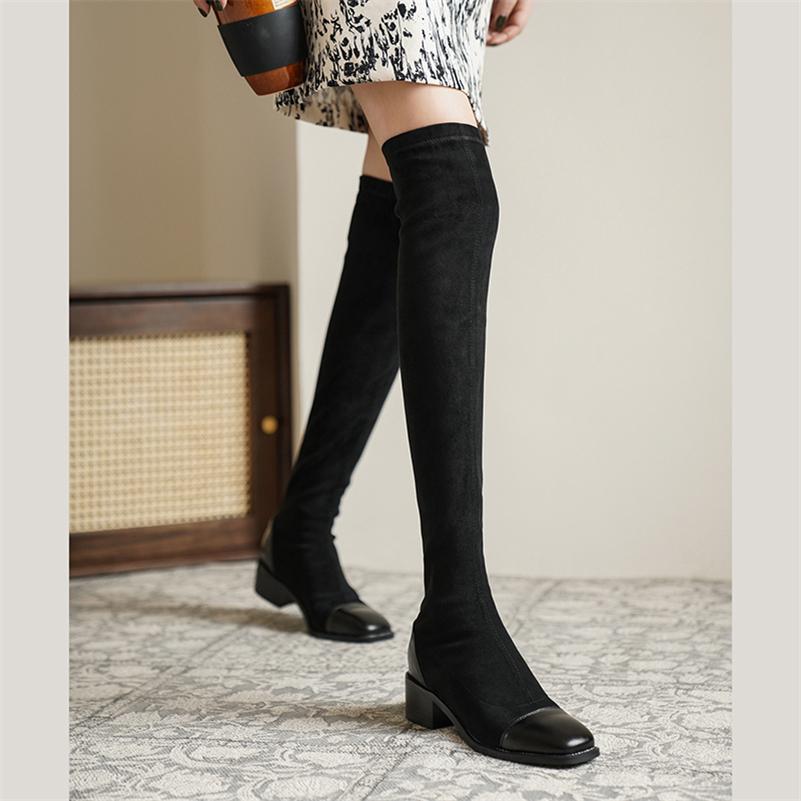 FOREADA Women Over-the-Knee Boots Square Toe Thick Mid Heels Long Boot Concise Ladies Fashion Shoes Autumn Winter Brown Black 43