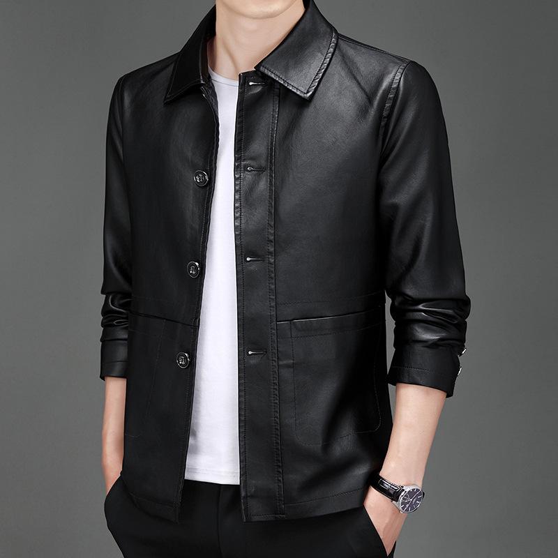 Men's Slim Fit Leather Jacket - New Korean Style, Trendy Parka with Casual Lapel for Middle-Aged Dads